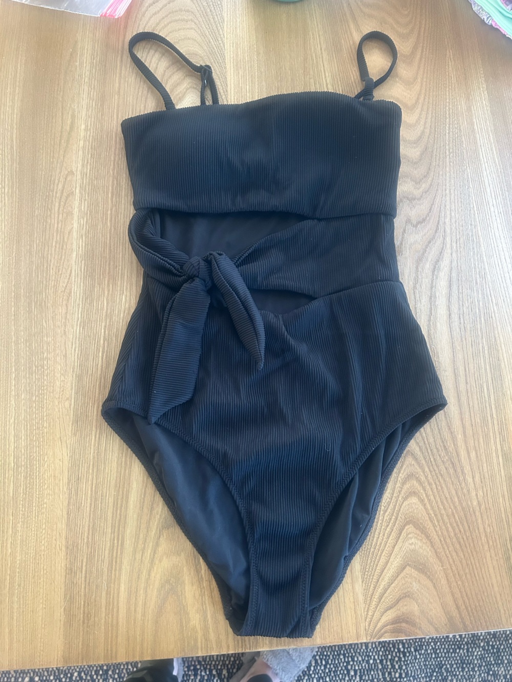 aerie Black Ribbed Tie-Front One-Piece Swimwear